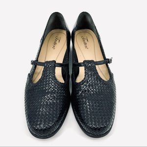 Trotters Black Woven Leather T-Strap Low Heel Shoe